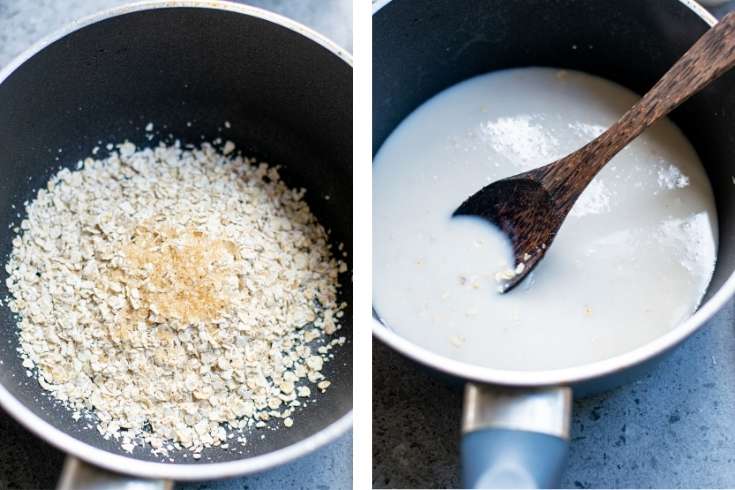 cooking steel cuts oats with oat milk on stovetop