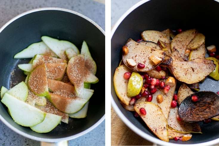 caramelizing pears on stovetop with brown sugar and spices