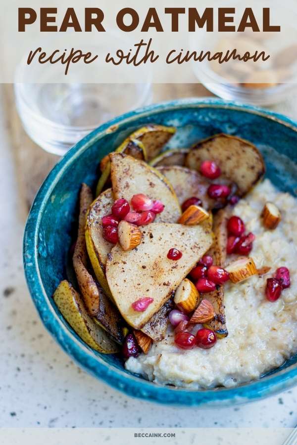 Pear Oatmeal Recipe. This delicious cinnamon pear oatmeal recipe tastes like homemade pear pie and makes a warm comforting breakfast idea for heart health. Learn more about the health benefits of oatmeal. Plus how to make my wonderful cinnamon pear oatmeal for you and your family for breakfast! Kid friendly, healthy breakfast ideas for the entire family made with steel cut oats, warm caramelized pears, this pear oatmeal is a tasty twist on traditional oatmeal that tastes just like pear pie!
