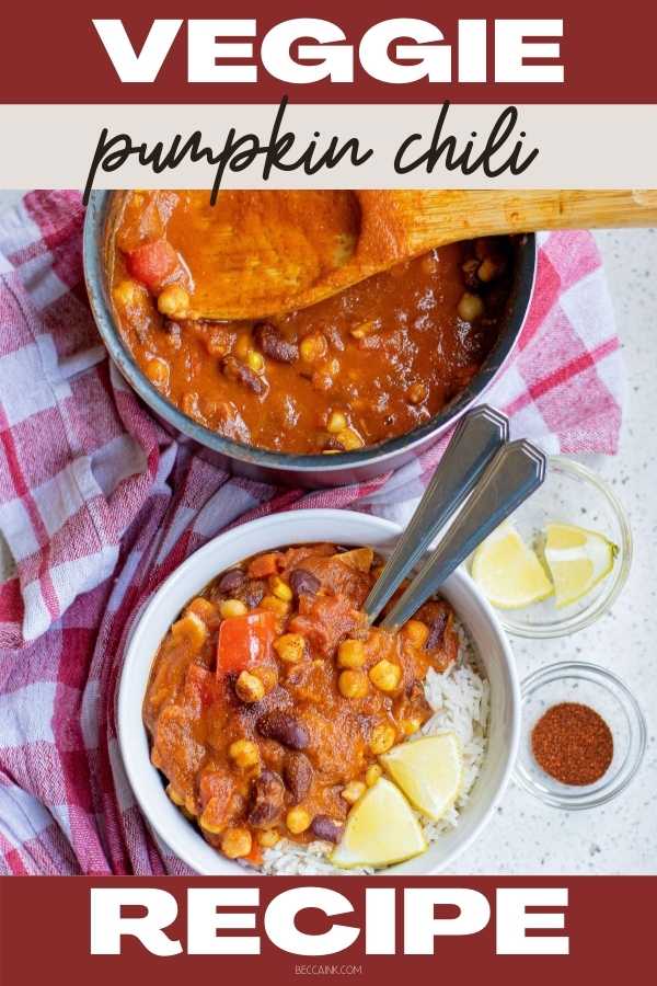 Vegetarian Pumpkin Chili Recipe with Rice. How to make vegetarian chili with rice recipe in 25 minutes for a healthy fall dinner idea. The fall harvest is all about pumpkins. And what better way to enjoy pumpkin than with a seasonal vegetarian pumpkin chili recipe? This vegetarian chili with rice recipe is both healthy and nutritious. It makes a comforting meal throughout the fall season in under 30 minutes. This vegetarian pumpkin chili with rice recipe is Mexican inspired.