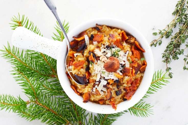 Easy risotto recipes. This easy mushroom bacon risotto recipe is perfect for weeknight dinners with family or a weekend dinner with friends. A warming winter dinner idea, this mushroom risotto can also be made without the bacon for a vegetarian alternative. Or try one of a meat-free bacon substitution as a heart healthy alternative. This creamy mushroom bacon risotto recipe is accented with the flavor of grated parmesan and fresh thyme. Make this warming winter dinner idea for your family.