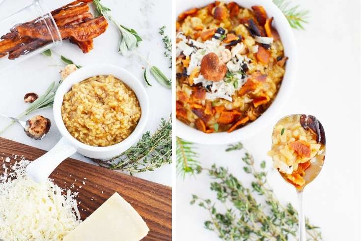 Make this creamy mushroom bacon risotto recipe with cheese as a delicious family dinner idea for winter. This easy risotto recipe is perfect for weeknight dinners with family or a weekend dinner with friends. A warming winter dinner idea, this mushroom risotto can also be made without the bacon or with a bacon substitution for a vegetarian alternative. This kid-friendly mushroom bacon risotto recipe is accented with the flavor of grated parmesan and fresh thyme everyone in your family will love.