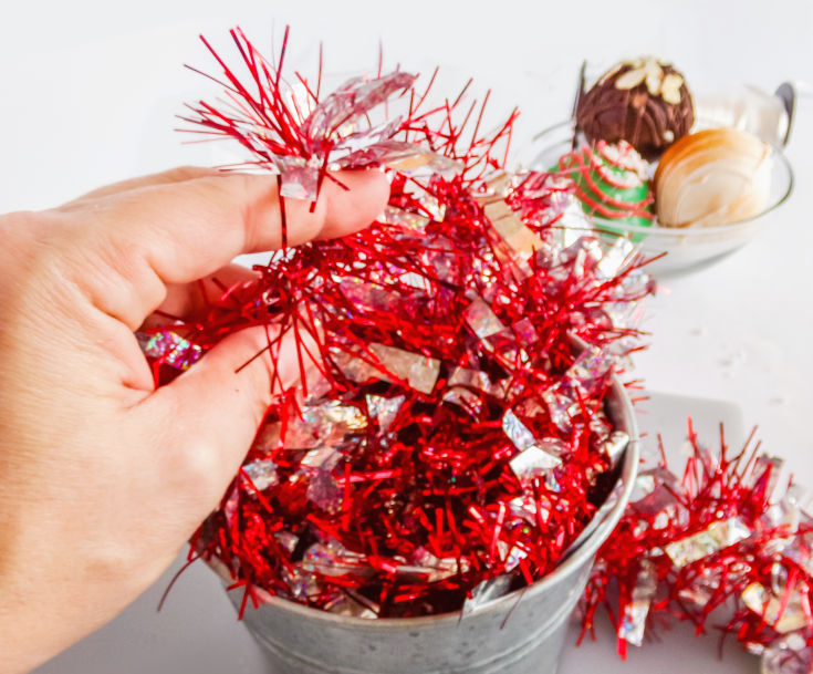 fill the basket with tinsel
