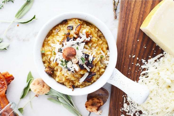 mushroom risotto in crock with mushrooms bacon and cheese