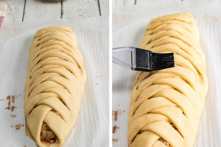 braid bread dough and apply egg wash to braided dough