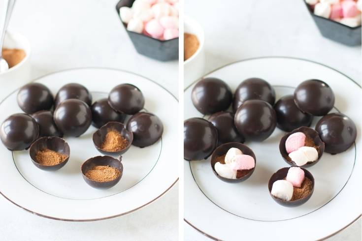 fill chocolate shells with hot chocolate mix and miniature marshmallows