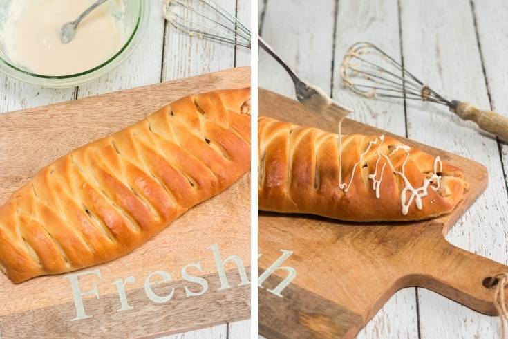 use a fork to drizzle homemade icing onto baked braided apple cinnamon bread