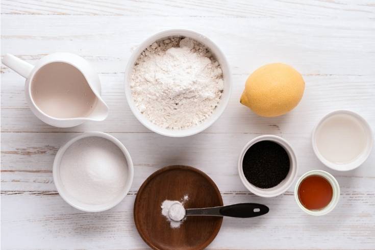 ingredients for lemon poppy seed loaf cake dairy free egg free vegan