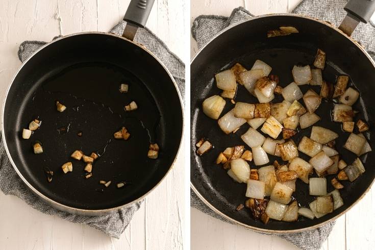 saute garlic and onion on stovetop in pan