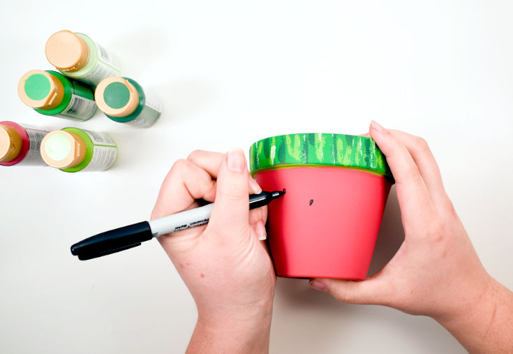 use sharpie to draw watermelon seeds onto painted pots