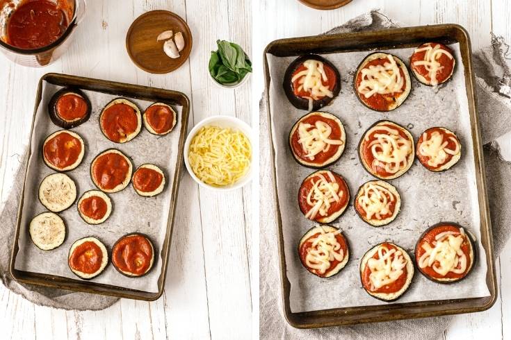 add vegetarian toppings to low carb eggplant pizza to bake