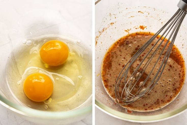 beat eggs with spices to make savory vegetable fritters