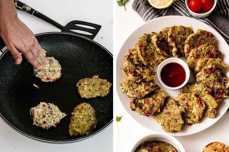 fry zucchini fritters in skillet serve warm