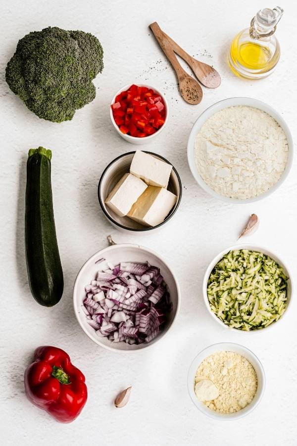 ingredients to make recipe for zucchini fritters with broccoli