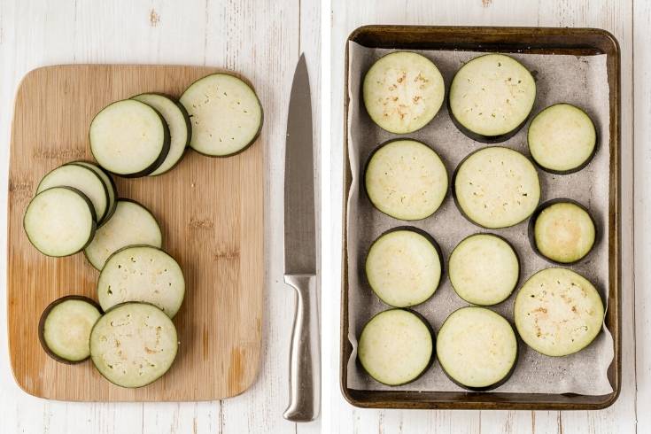 slice eggplant and place on parchment lined baking pan