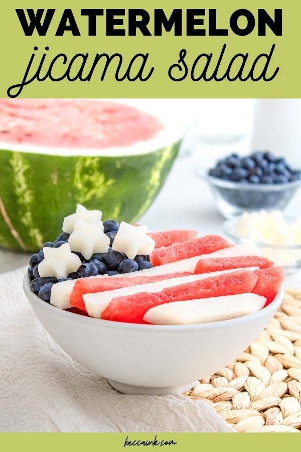 watermelon jicama salad served in white bowl for summer parties