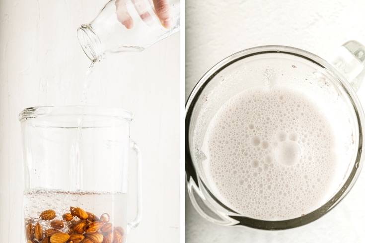 blend soaked almonds with water to make homemade nut milk