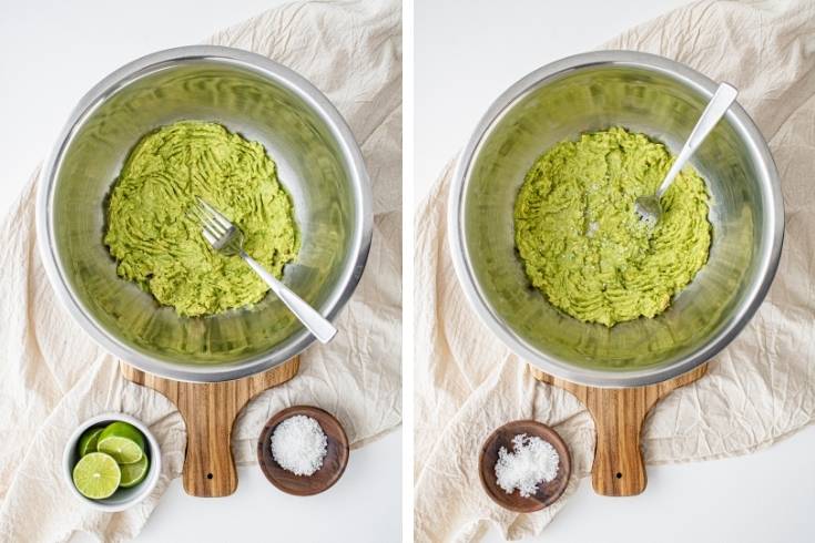 mash cubed avocado in a bowl and add salt and lime juice