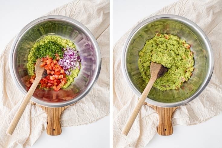 mix vegetables in with mashed avocado to make traditional guacamole recipe