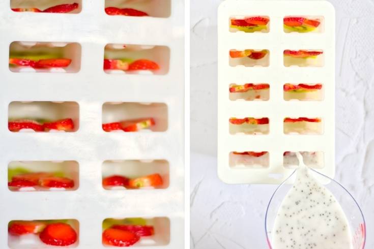 place fruit and coconut milk into silicone popsicle mold