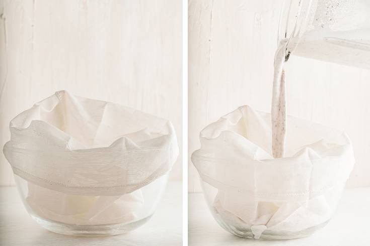 pour almond milk into nut bag over bowl
