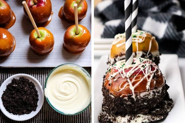 set up for a caramel apple bar for caramel apples with caramel dip