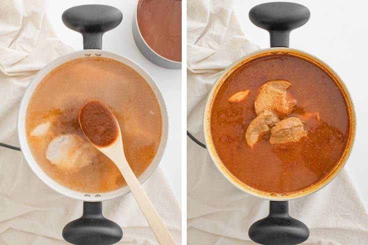 add chili sauce to red pozole rojo as final step