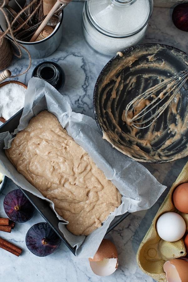 pour fig cake batter into loaf pan