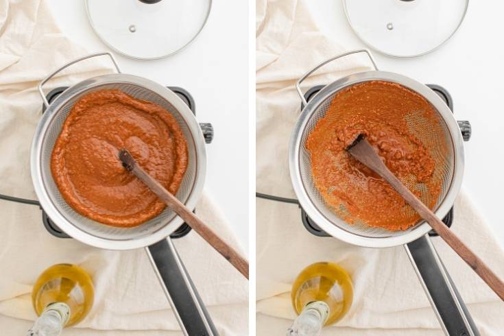 strain the hot chili sauce into a saucepan