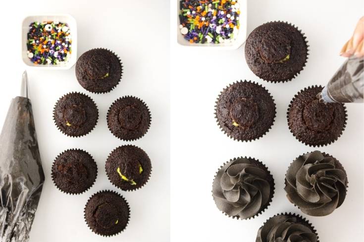 frost chocolate cupcakes with black icing for halloween desserts