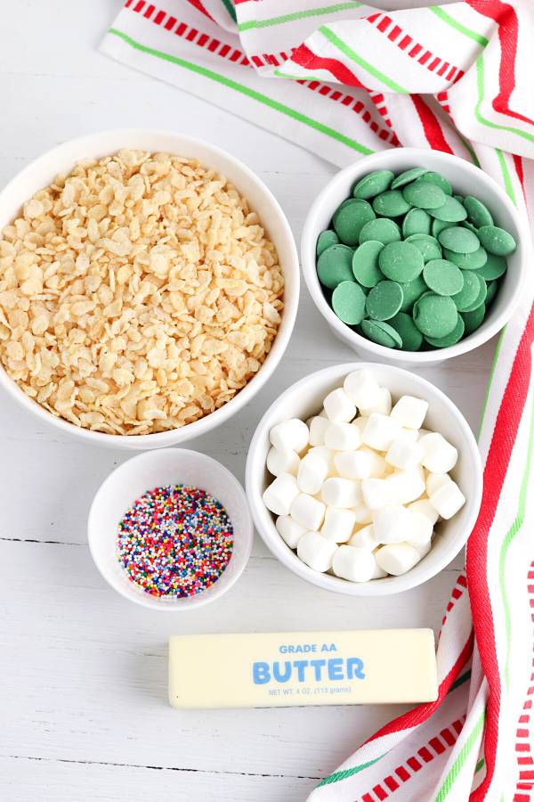 holiday rice krispie treat ingredients with green candy melts