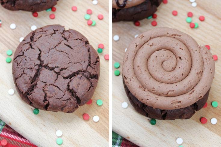 add chocolate buttercream icing to chocolate cookies in a swirl